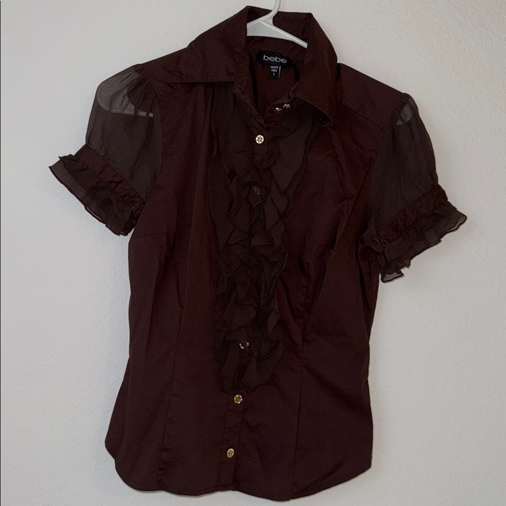 Bebe Chocolate Ruffle Blouse Small - Picture 8 of 13